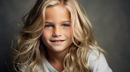 Portrait of a beautiful, happy smiling blond boy with long hair and perfect skin, silver background, banner. Advertising of children's cosmetic products, shampoos and hair care products, medicine, perfumery and cosmetology, courses and trainingの素材