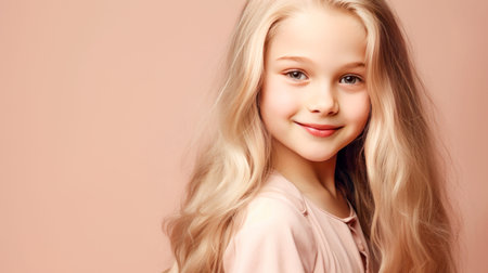 Portrait of a chic cute beautiful blonde child girl with long white hair and perfect skin, creamy beige background, banner. Advertising of teenage cosmetics, hair care products, medicines, perfumes, cosmetology, courses, college schools and trainingsの素材