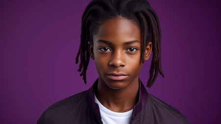 Portrait of a serious, troubled African-American teenage guy with long hair and perfect skin, purple background, banner. Advertising of teenage cosmetics, hair care products, medicines, perfumes, cosmetology, courses, college schools and trainingsの素材