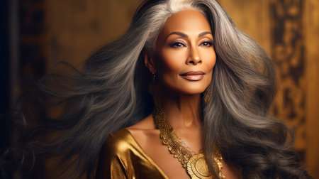 Elegant, elderly pensioner, chic African American woman with gray long hair, gold background, banner. Advertising of cosmetic products, spa treatments, shampoos and hair care products, dentistry and medicine, perfumes and cosmetology for womenの素材