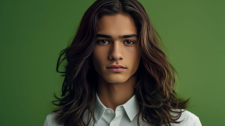 Happy cheerful young latino generation z. Smiling ethnic cool generation z teenage student, long hair, green background. Advertising of teenage cosmetics, hair care products, medicines, perfumes, cosmetology, courses, college schools and trainingsの素材