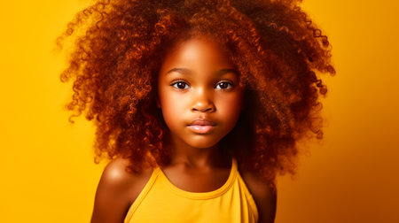 Portrait of smiling cute African American child girl with red hair and perfect skin, yellow background, banner. Advertising of teenage cosmetics, hair care products, medicines, perfumes, cosmetology, courses, college schools and trainingsの素材