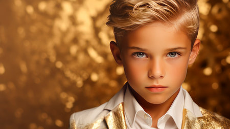 Portrait of a beautiful, happy smiling boy with perfect skin, gold background, banner. Advertising of children's cosmetic products, shampoos and hair care products, medicine, perfumery and cosmetology, courses and trainingの素材