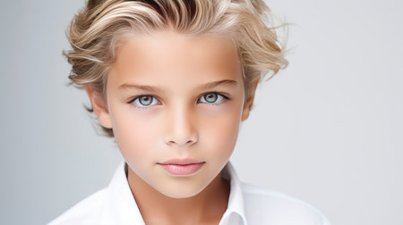 Portrait of a beautiful, happy smiling blond boy with perfect skin, white background, banner. Advertising of children's cosmetic products, shampoos and hair care products, medicine, perfumery and cosmetology, courses and trainingの素材