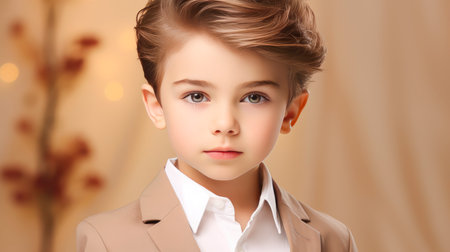 Portrait of a beautiful, happy smiling boy with perfect skin, creamy beige background, banner. Advertising of children's cosmetic products, shampoos and hair care products, medicine, perfumery and cosmetology, courses and trainingの素材