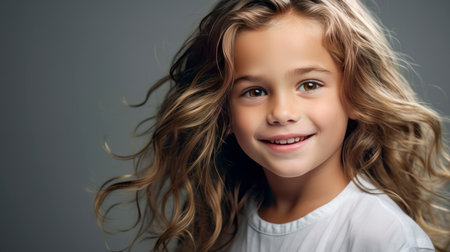 Portrait of a beautiful, happy smiling boy with long hair and perfect skin, gray background, banner. Advertising of children's cosmetic products, shampoos and hair care products, medicine, perfumery and cosmetology, courses and trainingの素材