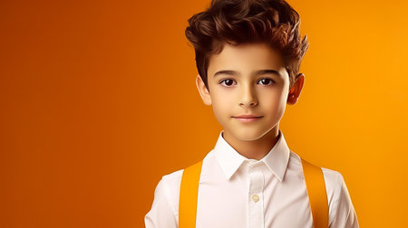 Portrait of a cute happy Hispanic Latino boy child with perfect skin, orange background, banner. Advertising of teenage cosmetics, hair care products, medicines, perfumes, cosmetology, courses, college schools and trainingsの素材