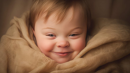 Portrait of smiling laughing boy child with Down syndrome brown background. Advertising children's cosmetics, products, hair care products, medicines, perfumes, cosmetology, courses, schools, colleges and trainings. Genetic disease world day conceptの素材