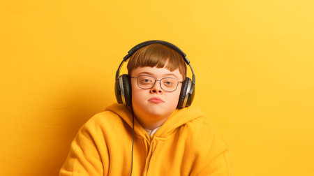Portrait of smiling laughing teenager guy with Down syndrome yellow background. Advertising children's cosmetics, products, hair care products, medicines, perfumes, cosmetology, courses, schools, colleges and trainings. Genetic disease world dayの素材