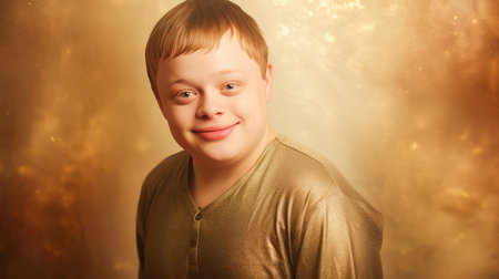 Portrait of smiling laughing man with Down syndrome golden background. Advertisement of men's cosmetics products, hair care products, medicines, perfumes, cosmetology, courses, school college and trainings. lifestyle, World Day of Genetic Diseasesの素材