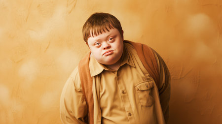Portrait of smiling laughing man with Down syndrome beige background. Advertisement of men's cosmetics products, hair care products, medicines, perfumes, cosmetology, courses, school college and trainings. lifestyle, World Day of Genetic Diseasesの素材