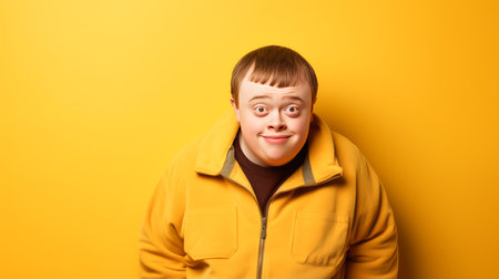 Portrait of smiling laughing man with Down syndrome yellow background. Advertisement of men's cosmetics products, hair care products, medicines, perfumes, cosmetology, courses, school college and trainings. lifestyle, World Day of Genetic Diseasesの素材