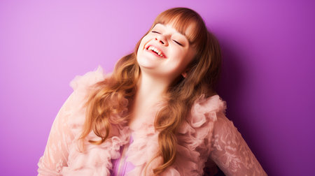 Portrait of smiling laughing woman with Down syndrome purple background. Advertisement of men's cosmetics products, hair care products, medicines, perfumes, cosmetology, courses, school college and trainings. lifestyle, World Day of Genetic Diseasesの素材