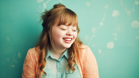 Portrait of smiling laughing woman with Down syndrome green background. Advertisement of men's cosmetics products, hair care products, medicines, perfumes, cosmetology, courses, school college and trainings. lifestyle, World Day of Genetic Diseasesの素材