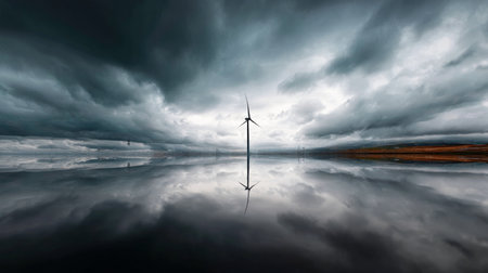 A lonely wind turbine standing on a flooded field, artistic surrealism. Near limes or a river. The concept of an alternative energy source, energy saving and careful attitude to our planet Earthの素材