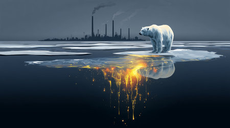 Climate change. Garbage patch. Polar bear among plastic garbage on a melting glacier in the middle of the ocean. Ecological disaster.の素材