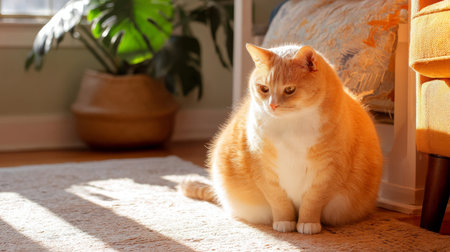 Domestic cat with signs of obesity: thick belly and swollen fat muzzle. Sedentary lifestyle in a pet. Disease. Laziness.の素材