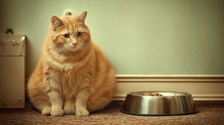 Domestic cat with signs of obesity: thick belly and swollen fat muzzle. Sedentary lifestyle in a pet. Disease. Laziness.の素材