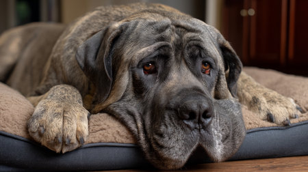 Cute fat dog sad because of excess weight. Modern problem of obesity in pets due to overfeeding with food and treats. Concept of diet and fight against excess weight in dogs and awareness of animal health.の素材