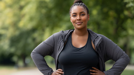 A confident woman in her 30s with obesity, wearing stylish workout clothes, standing proudly in a park with green trees.の素材