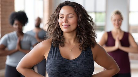 A curvy woman enjoying a yoga class with others in a calm, peaceful studio.の素材