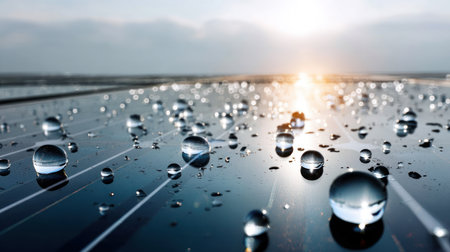 Rain water drops on modern blue solar panel cells in the setting sun close-up. Green renewable energy. Alternative energy source concept, energy saving, caring for our planet Earthの素材
