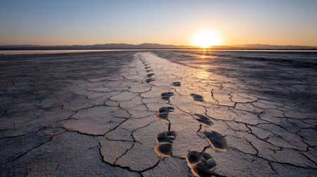 Human footprints across a dried lakebed with fractured surfac. Water crisis and water shortage in summer during long drought is a global problem of drought on the planetの素材