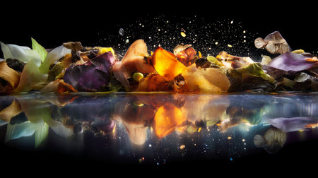 Close-up of moldy food waste breaking down, science concept. Expired Organic bio waste. Biodegradable waste decomposing, a mix of fruits and vegetables beginning the decomposition process. Mix Vegetables and fruits in a huge containerの素材