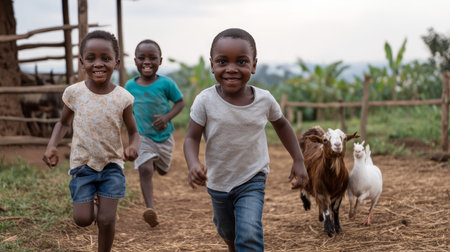 African primary school children playing games. Black children, full of life and joy, enjoying their childhood and playing together. Small faces with big smiles.の素材
