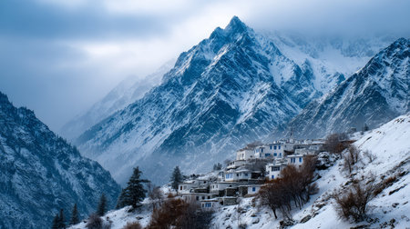 Mountain view above clouds with flowers and blooming bushes at sunset with sunbeams. Calm close-up of beautiful mountains and mountain landscape, screensaver background, Beautiful panorama. Summer vacation, holiday, amazing natureの素材