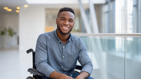 Higher education knows no borders, knowledge without borders, skills for everyone. Smiling optimistic student guy with disabilities sits in wheelchair, smiling and looking away. black african american.の素材