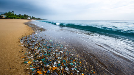 Plastic pollution of the ocean is an environmental problem. Dirty sea beach, garbage on the seashore. A global problem, a threat to ocean wildlife and calling for urgent action to protect the environmentの素材