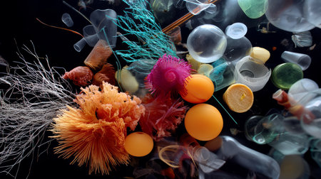 Plastic trash in the ocean. Environmental pollution. The sea is covered in plastic and dead sea creatures. A global problem, a threat to ocean wildlife and calling for urgent action to protect the environmentの素材