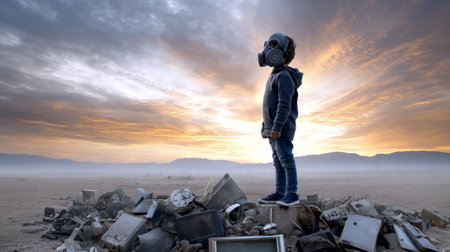 A boy child in a breathing mask in a gas mask at a junkyard. Ecological catastropheの素材