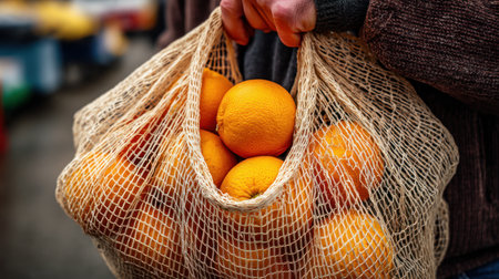 White eco-mesh grocery bag with fresh orange tangerines in dark key. Buying tangerines for the New Yearの素材