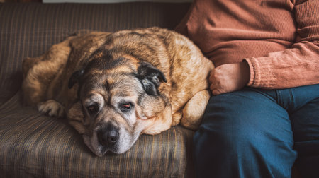 Cute fat dog sad because of excess weight. Modern problem of obesity in pets due to overfeeding with food and treats. Concept of diet and fight against excess weight in dogs and awareness of animal health.の素材