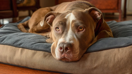 Cute fat dog sad because of excess weight. Modern problem of obesity in pets due to overfeeding with food and treats. Concept of diet and fight against excess weight in dogs and awareness of animal health.の素材