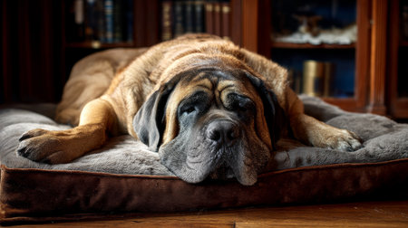 Cute fat dog sad because of excess weight. Modern problem of obesity in pets due to overfeeding with food and treats. Concept of diet and fight against excess weight in dogs and awareness of animal health.の素材