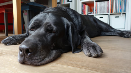 Cute fat dog sad because of excess weight. Modern problem of obesity in pets due to overfeeding with food and treats. Concept of diet and fight against excess weight in dogs and awareness of animal health.の素材