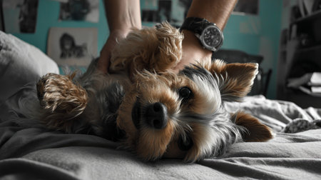 Cute fat dog sad because of excess weight. Modern problem of obesity in pets due to overfeeding with food and treats. Concept of diet and fight against excess weight in dogs and awareness of animal health.の素材