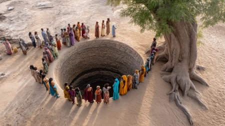 Local residents queuing for water near dry well. Water crisis and water shortage in summer during long drought is a global problem of drought on the planetの素材