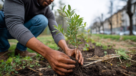 Small plant in the ground - Hands of an elderly male farmer planting a young tree with sunlight and glare effects.の素材