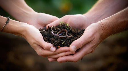 Woman holding worms with soil, closeupの素材