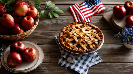 July 4, Independence Day traditional American picnic background. Plates, glasses, USA flags on green lawn or meadow grass, with blanket or tablecloth for picnic, sunglasses, copy space top view. Election Day in the USA. America Day.の素材