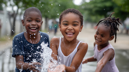 African primary school children playing games. Black children, full of life and joy, enjoying their childhood and playing together. Small faces with big smiles.の素材