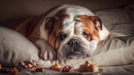 Cute fat dog sad because of excess weight. Modern problem of obesity in pets due to overfeeding with food and treats. Concept of diet and fight against excess weight in dogs and awareness of animal health.の素材
