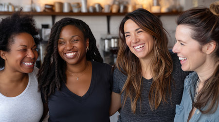 A group of plus-size women laughing together at a gathering, celebrating self-love and acceptanceの素材