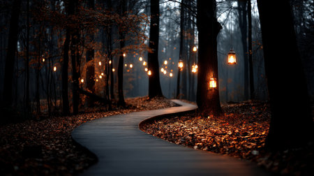 Halloween pumpkin on abandoned old road and medieval castle on the backgroundの素材