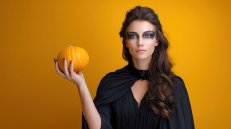 Halloween pumpkin on abandoned old road and medieval castle on the backgroundの素材