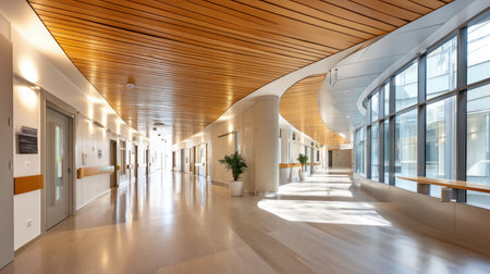Clean, modern hospital corridor with polished floors, blue walls and bright lighting going into the distance. Concept of medical care, timely treatment and communication about medical care.の素材